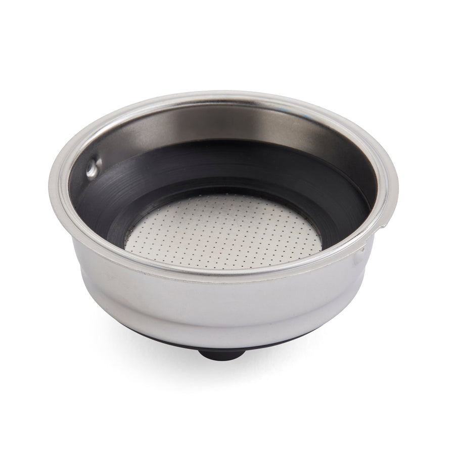 Stainless steel coffee filter basket on a white background