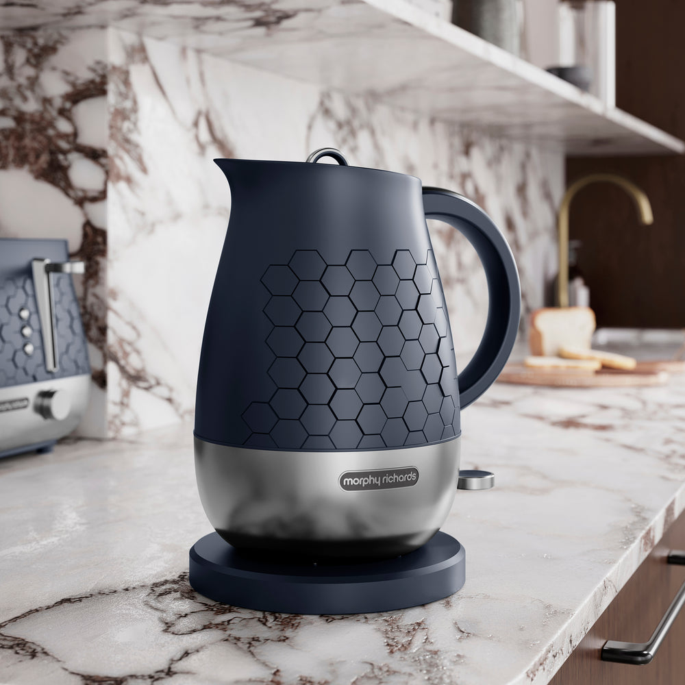 Blue Kettle on Marble Counter Top. 
