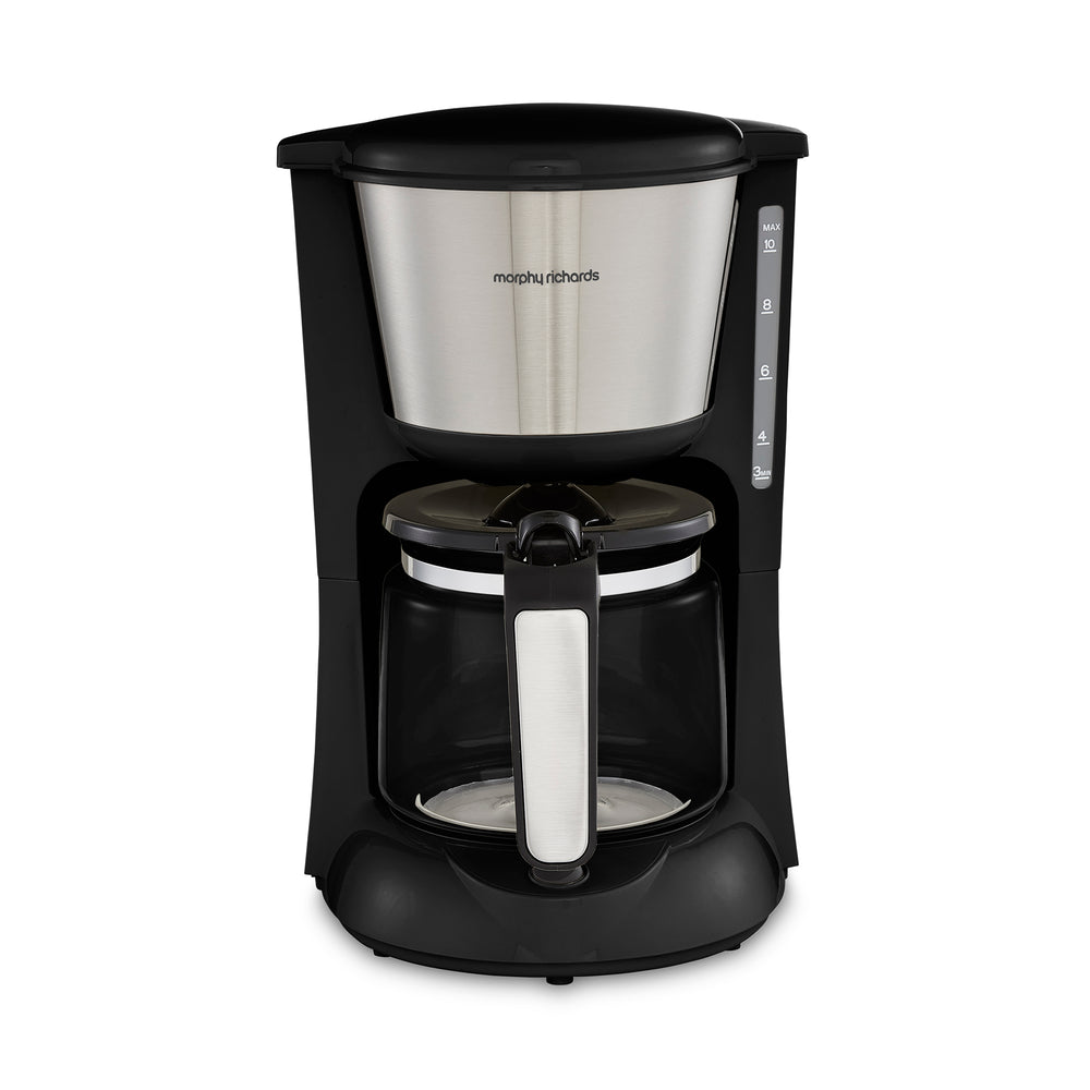 Black and silver coffee maker with 'Morphy Richards' branding on a white background