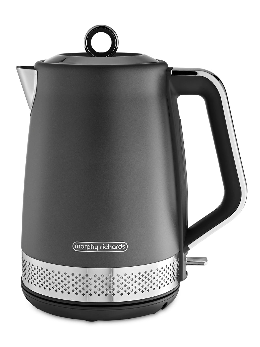 Gray electric kettle with black handle on a white background, featuring the Morphy Richards brand.
