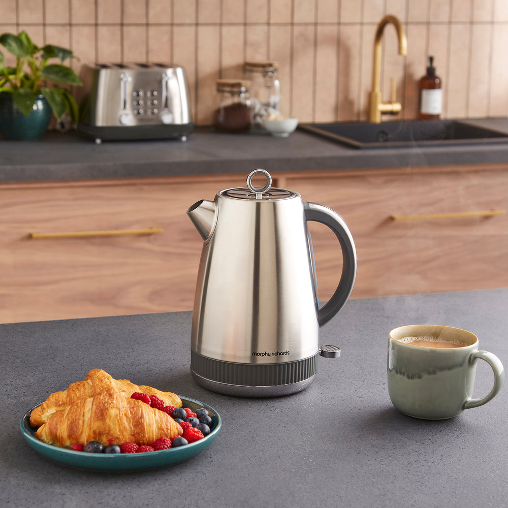 jug kettle with grey rim in a kitchen 