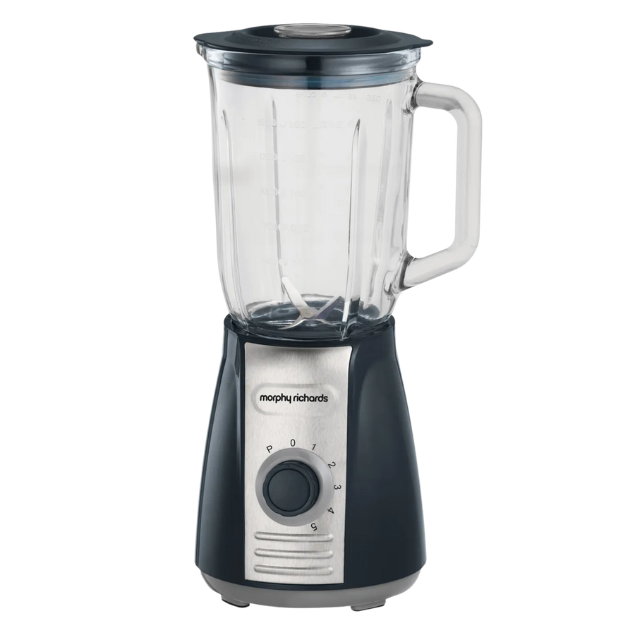 Black and silver Morphy Richards blender on a white background