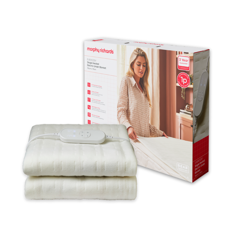 Electric blanket with Morphy Richards packaging on a white background