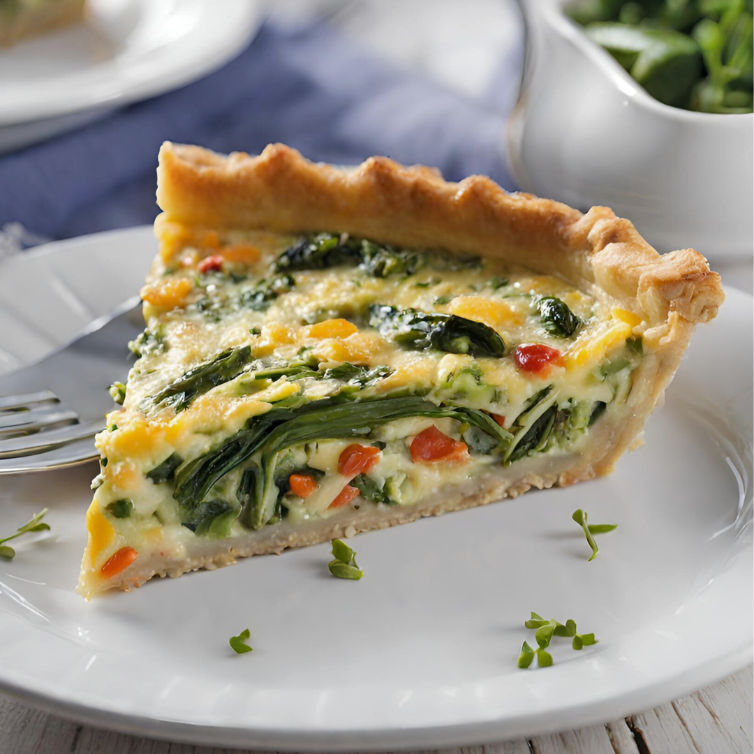 Slice of vegetable pie on a white plate with a fork, blurred background