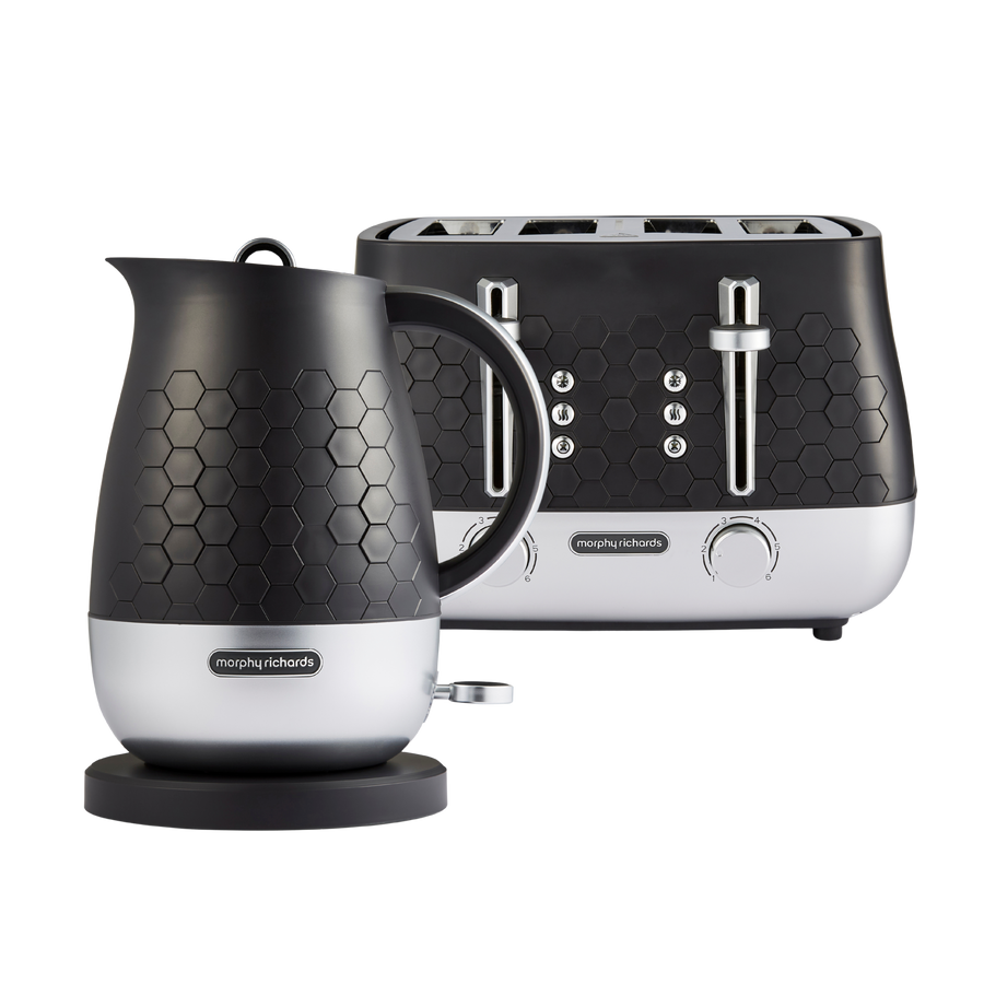 Black and silver Morphy Richards kettle and toaster on a white background