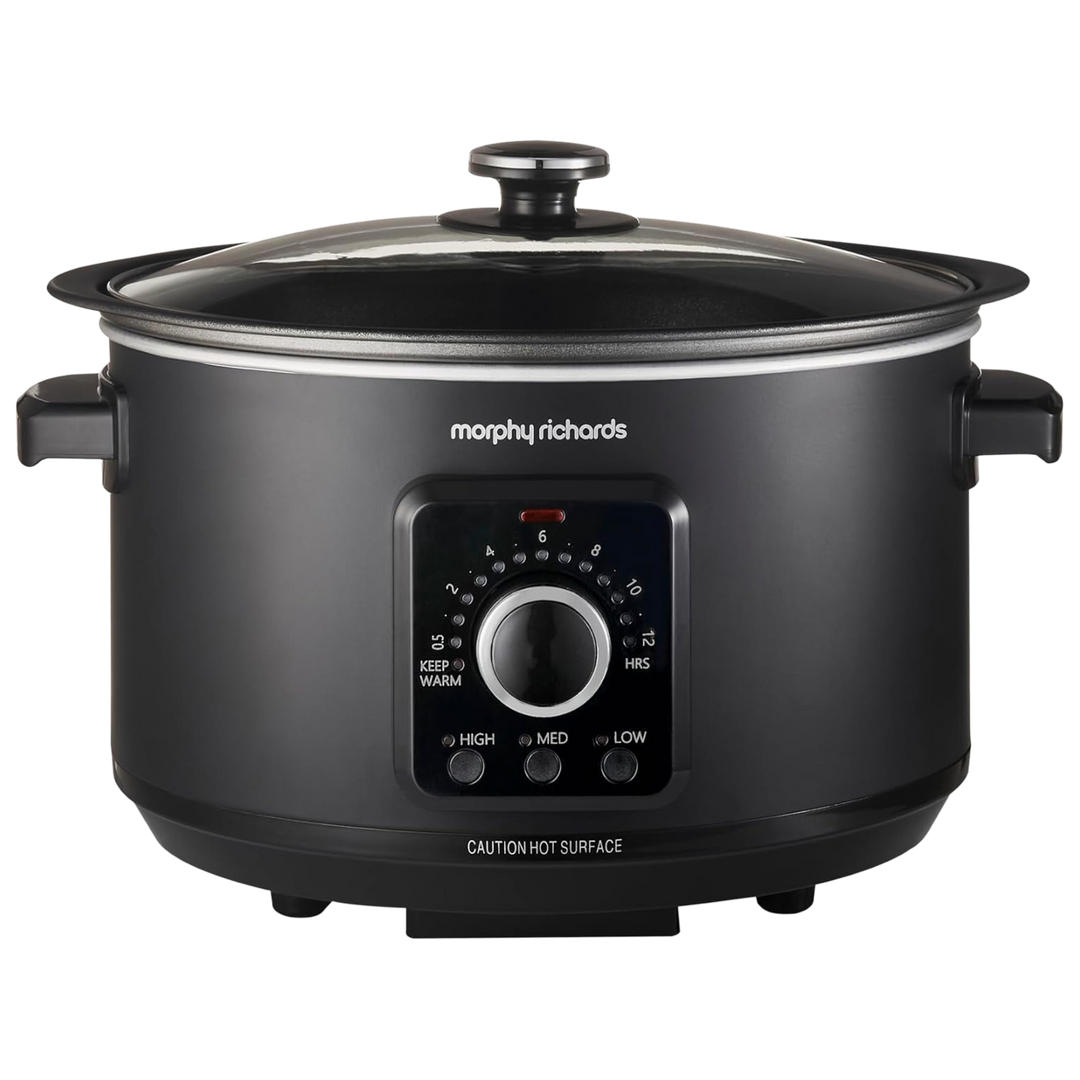 Black Morphy Richards slow cooker on a white background