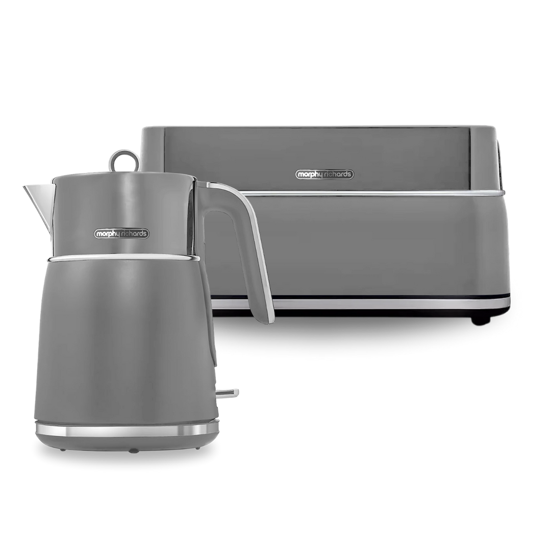Grey kettle and toaster set on a white background
