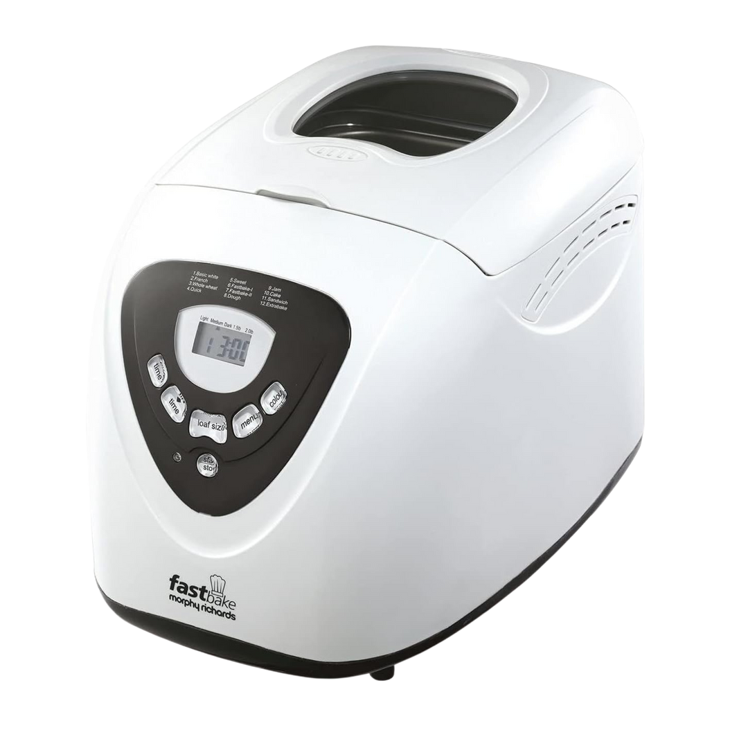 White bread maker with digital display on a white background