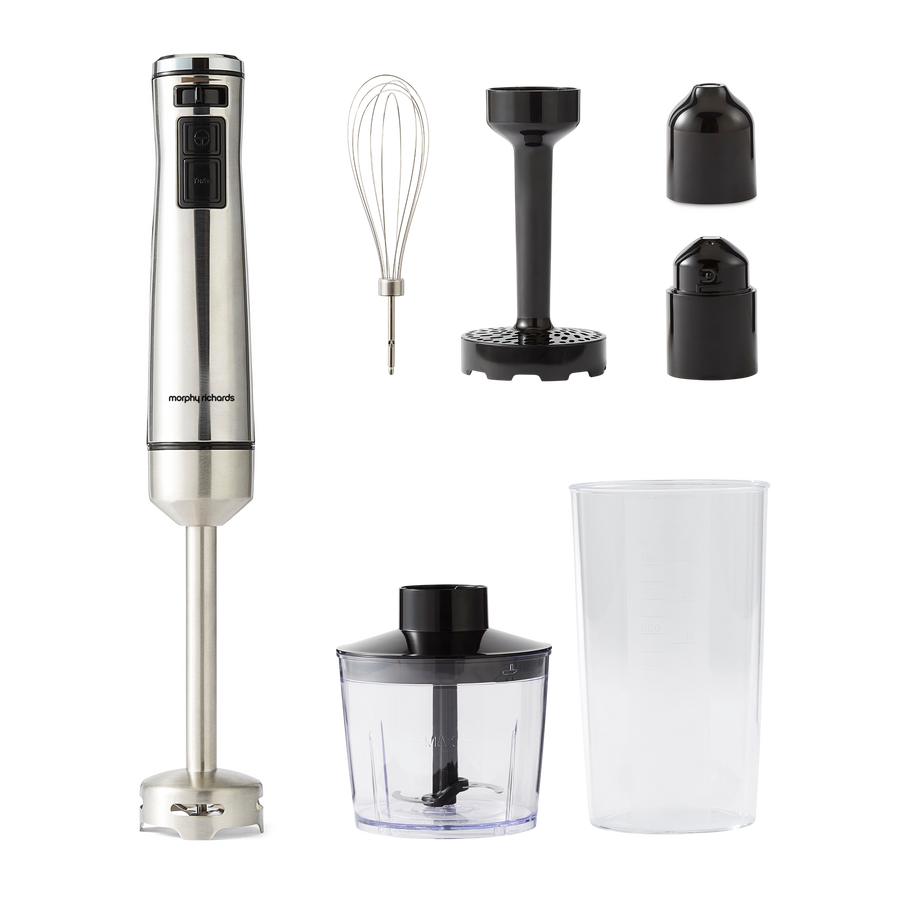 Hand blender with attachments on a white background
