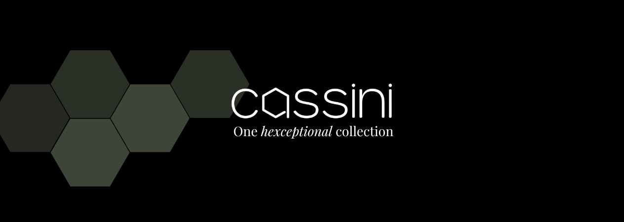 Cassini logo with hexagonal design elements on a black background