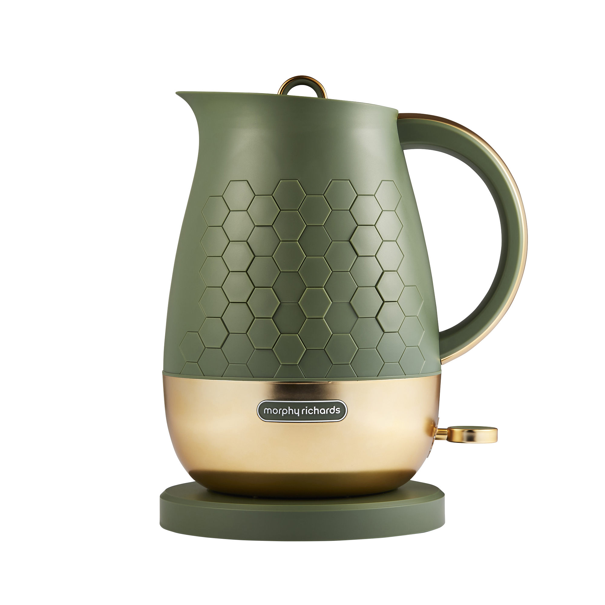 A green Morphy Richards Cassini 1.7L jug kettle with a hexagonal design and a gold-colored base.