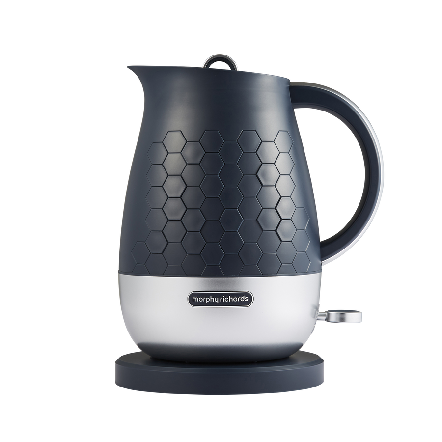 A navy blue Morphy Richards Cassini 1.7L jug kettle with a hexagonal design and a silver base.