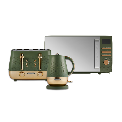 Morphy Richards Cassini green microwave, toaster, and kettle on a white background
