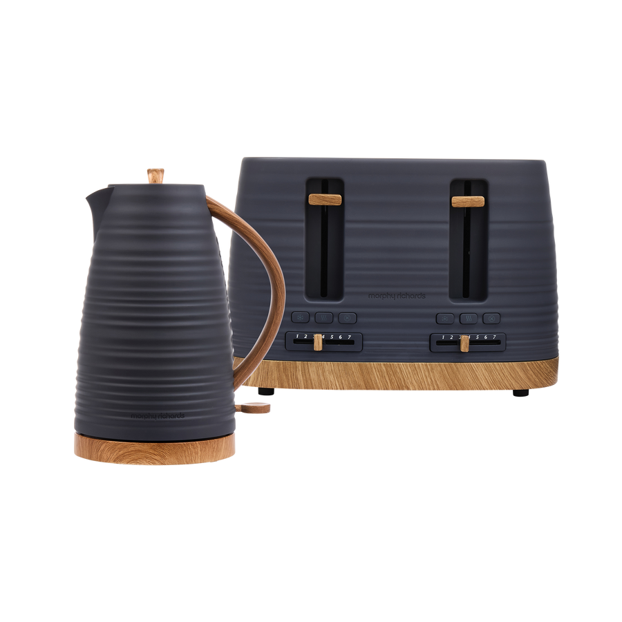 Black electric kettle and toaster with wooden accents on a white background