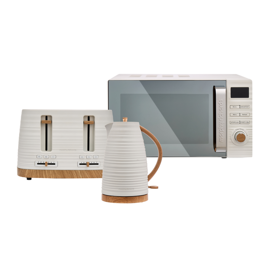 Set of kitchen appliances including a microwave, toaster, and kettle on a white background