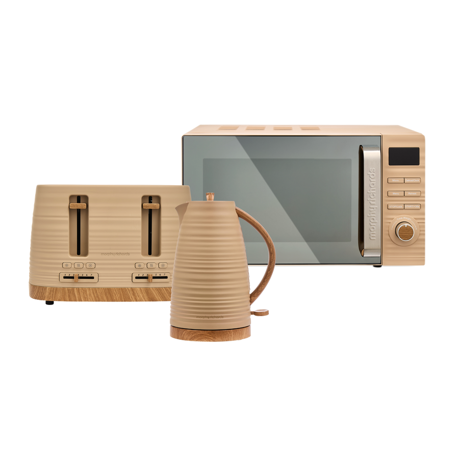 Set of kitchen appliances including a microwave, toaster, and kettle on a white background