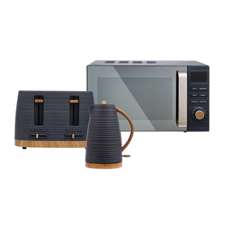 Set of kitchen appliances including a toaster, kettle, and microwave on a white background