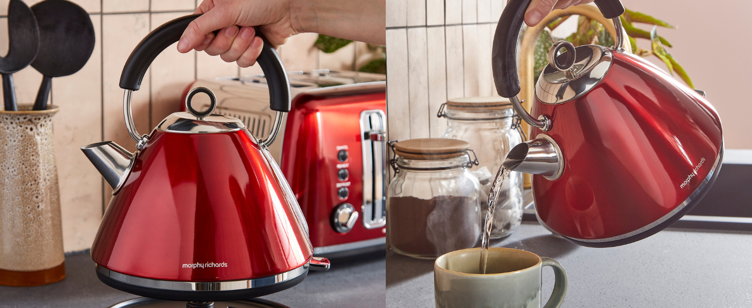 red kettle and toaster set in kitchen