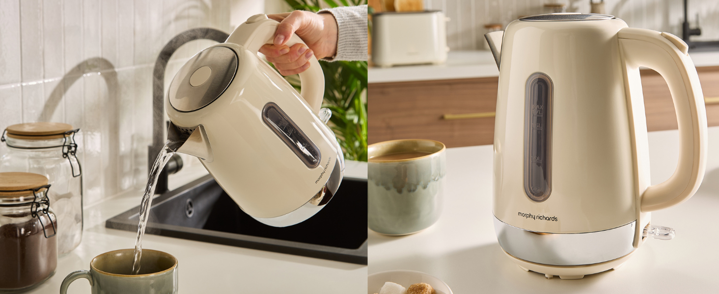 white kettle and toaster set in kitchen