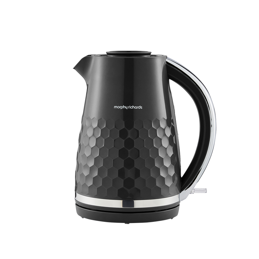 Black electric kettle with honeycomb pattern on a white background