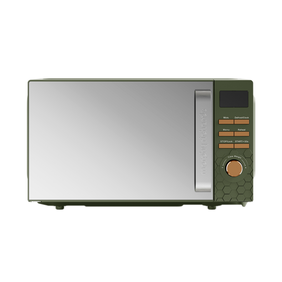 Green microwave oven with metallic finish on a white background
