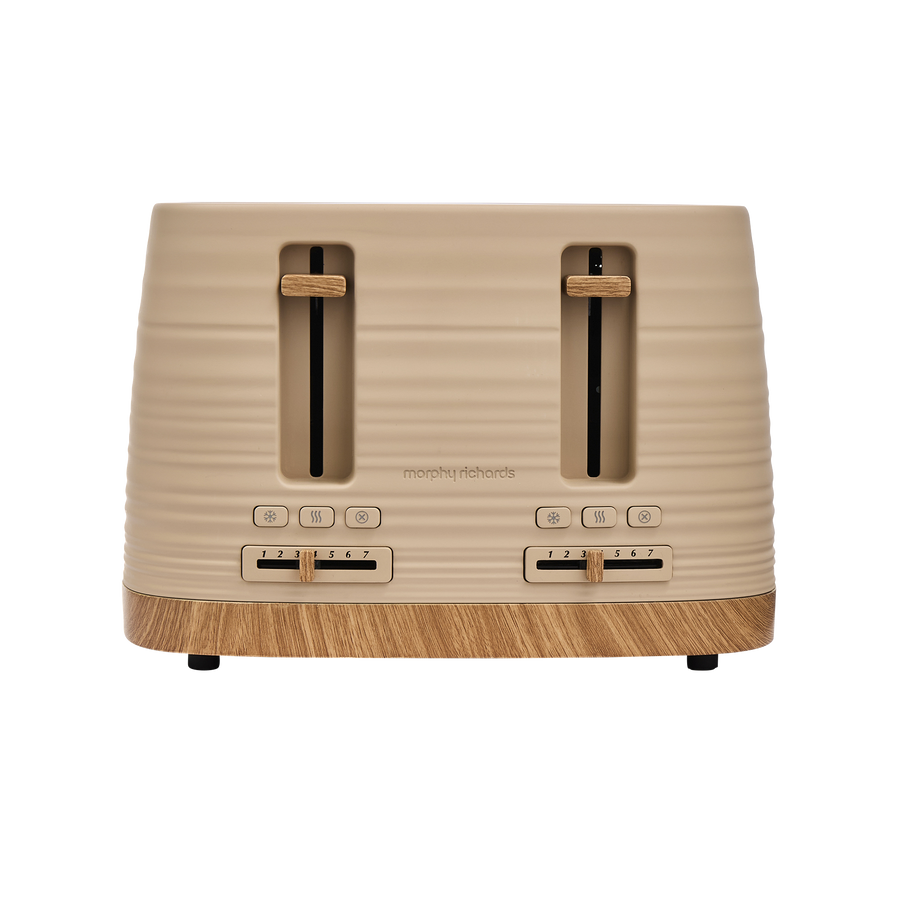 Beige Clay toaster with wooden accents on a white background