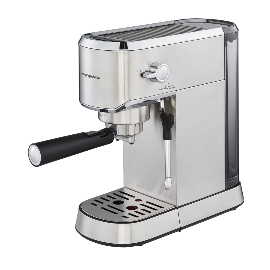 A stainless steel compact espresso coffee machine with a built-in milk frother and LED illuminated buttons, featuring a black handle and a detachable drip tray.
