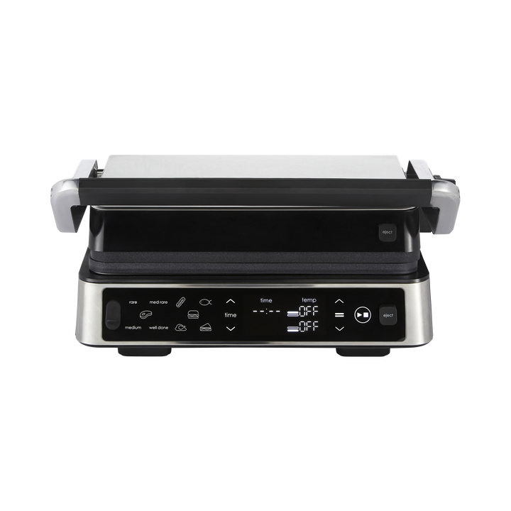 Black and silver grill with digital controls on a white background
