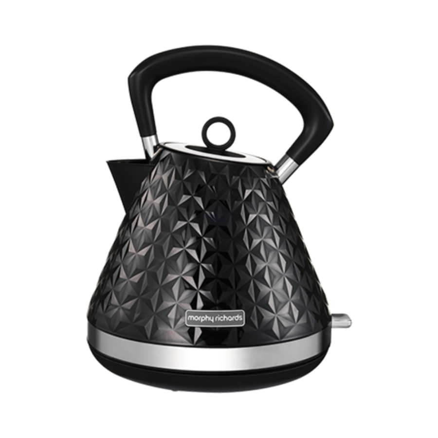A black Vector Pyramid style electric kettle with a 3D patterned finish and a silver handle and spout cap.