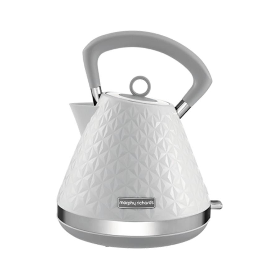 A white, pyramid-shaped electric kettle with a 3D patterned finish and a silver handle and spout cap.